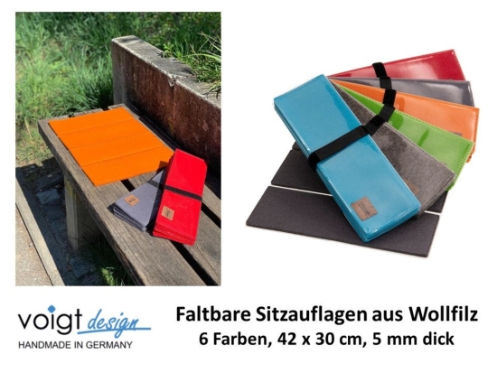 Faltbare Sitzauflage aus Wollfilz, 42x30cm, Outdoor Wandern Camping Garten Kirche Stadion - Sitzkissen Abwischbar - 6 Farben - Made in Germany